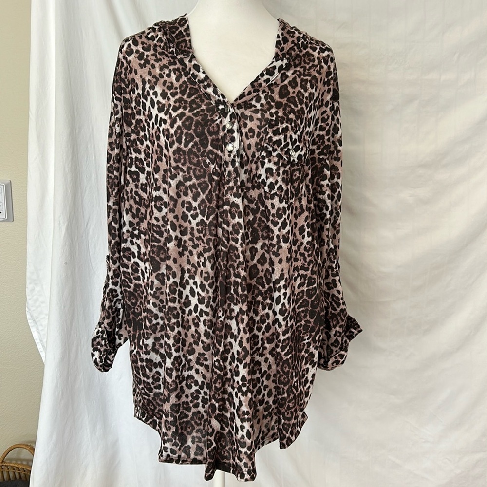French Laudry Tan/Crème/Black Animal Print Hooded Tunic Sz 1X